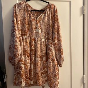 long sleeve paisley print babydoll dress